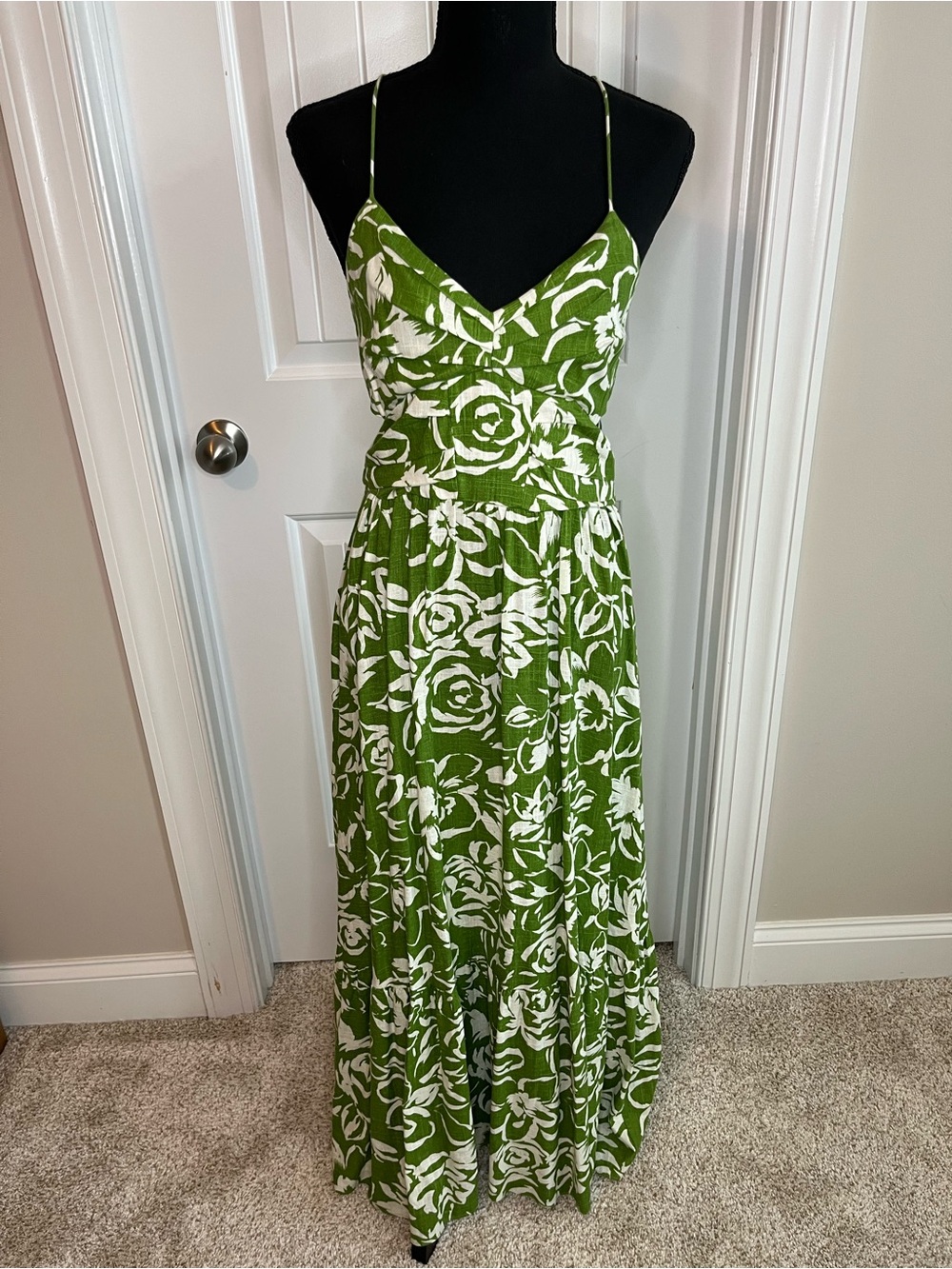 Zara Green and White Floral Maxi Dress with Spaghetti Straps